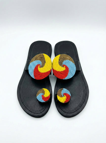 The Maisha Spiral Leather Sandals | Kenya El Yapımı Siyah Deri ve Boncuklu Sandalet