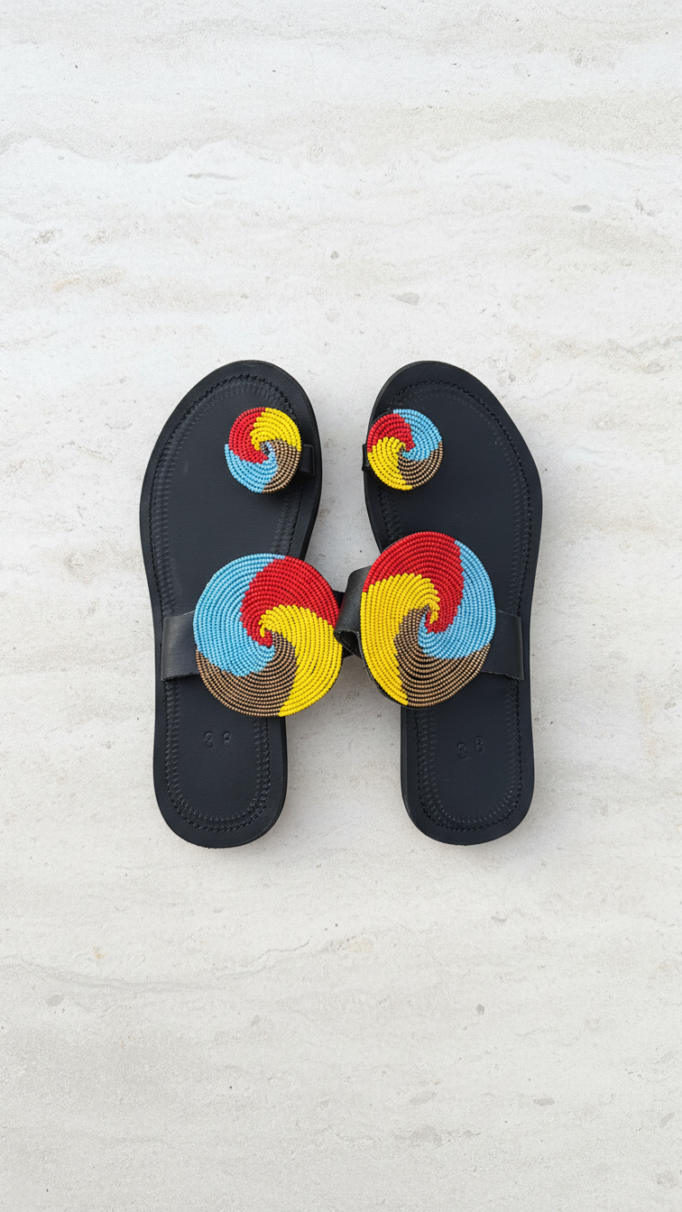 The Maisha Spiral Leather Sandals | Kenya El Yapımı Siyah Deri ve Boncuklu Sandalet