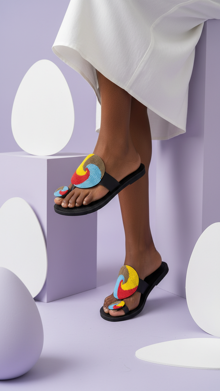 The Maisha Spiral Leather Sandals | Kenya El Yapımı Siyah Deri ve Boncuklu Sandalet
