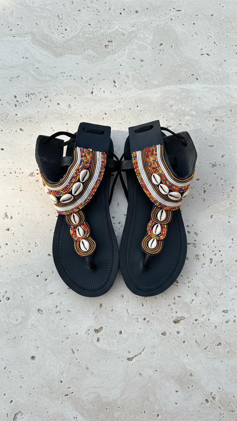The Shujaa Gladiator Sandals | Kenya El Yapımı Deniz Kabuklu ve Boncuklu Sandalet