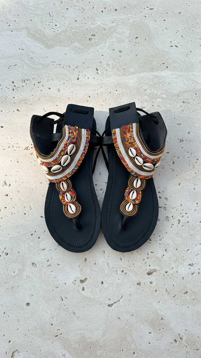 The Shujaa Gladiator Sandals | Kenya El Yapımı Deniz Kabuklu ve Boncuklu Sandalet